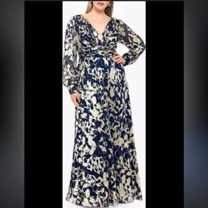 New Betsy & Adam Floral Metallic Foil Print A-Line Maxi Gown 14P